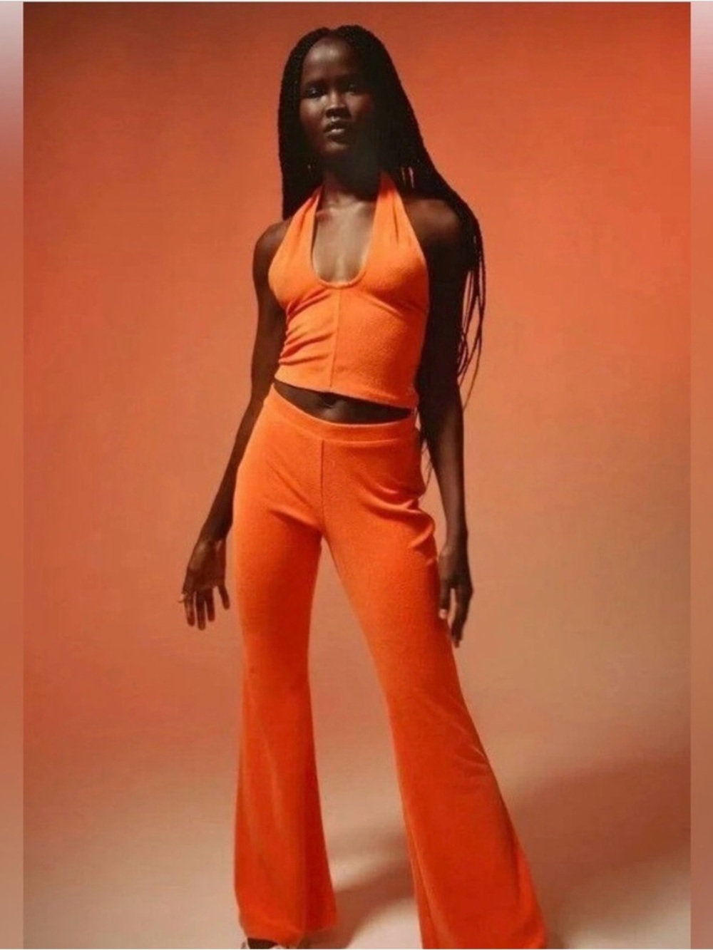 Women's Orange Halter Crop Top & Flared Pants Set